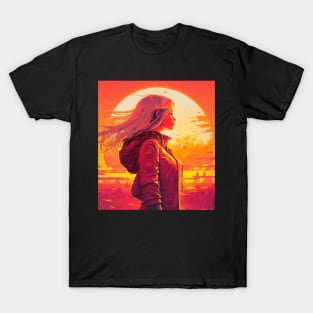 Cyberpunk Girl Looking At Synthwave Sun T-Shirt